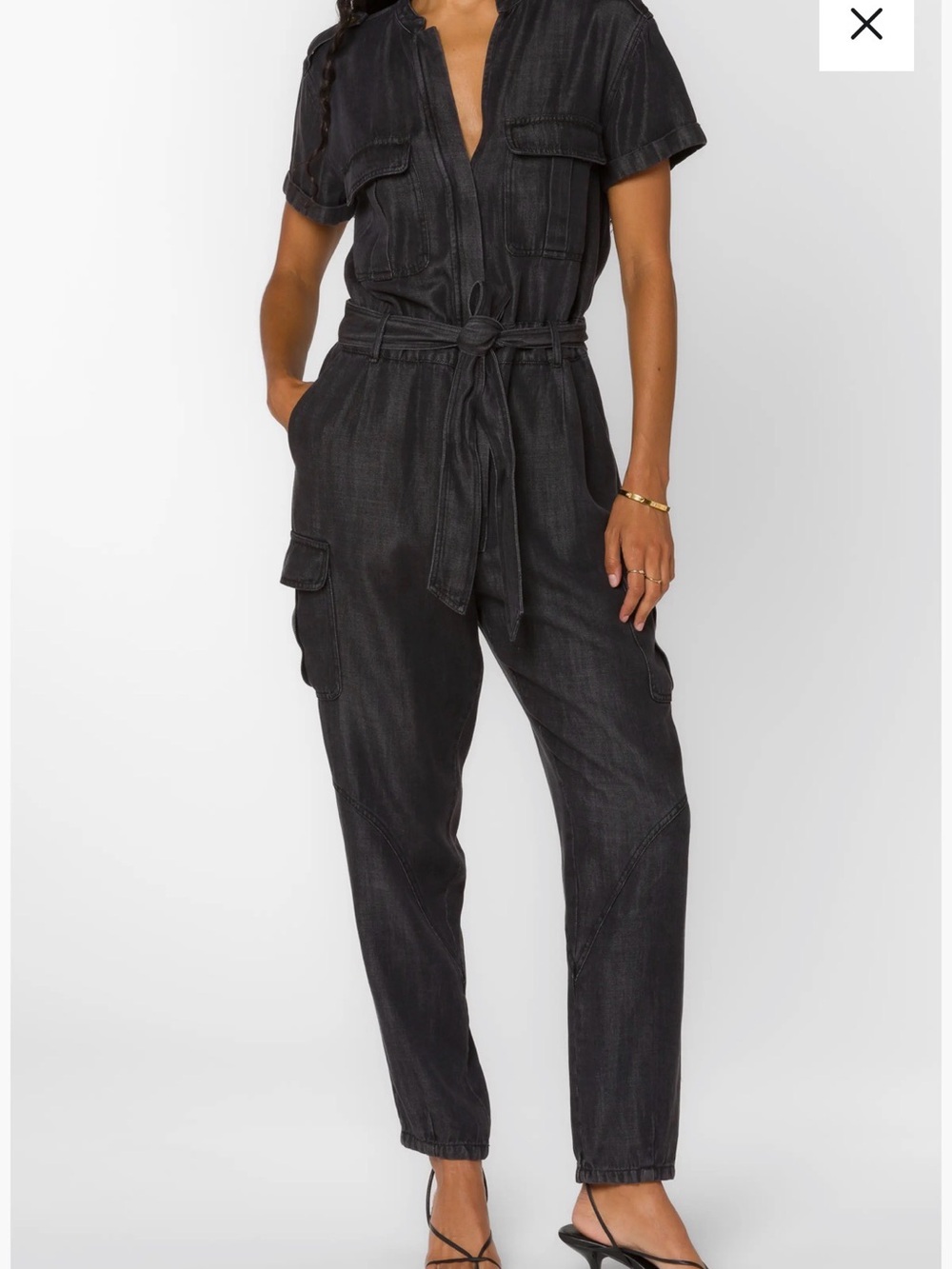 Velvet Heart Black Short-Sleeve Tie-Waist Utility Jumpsuit